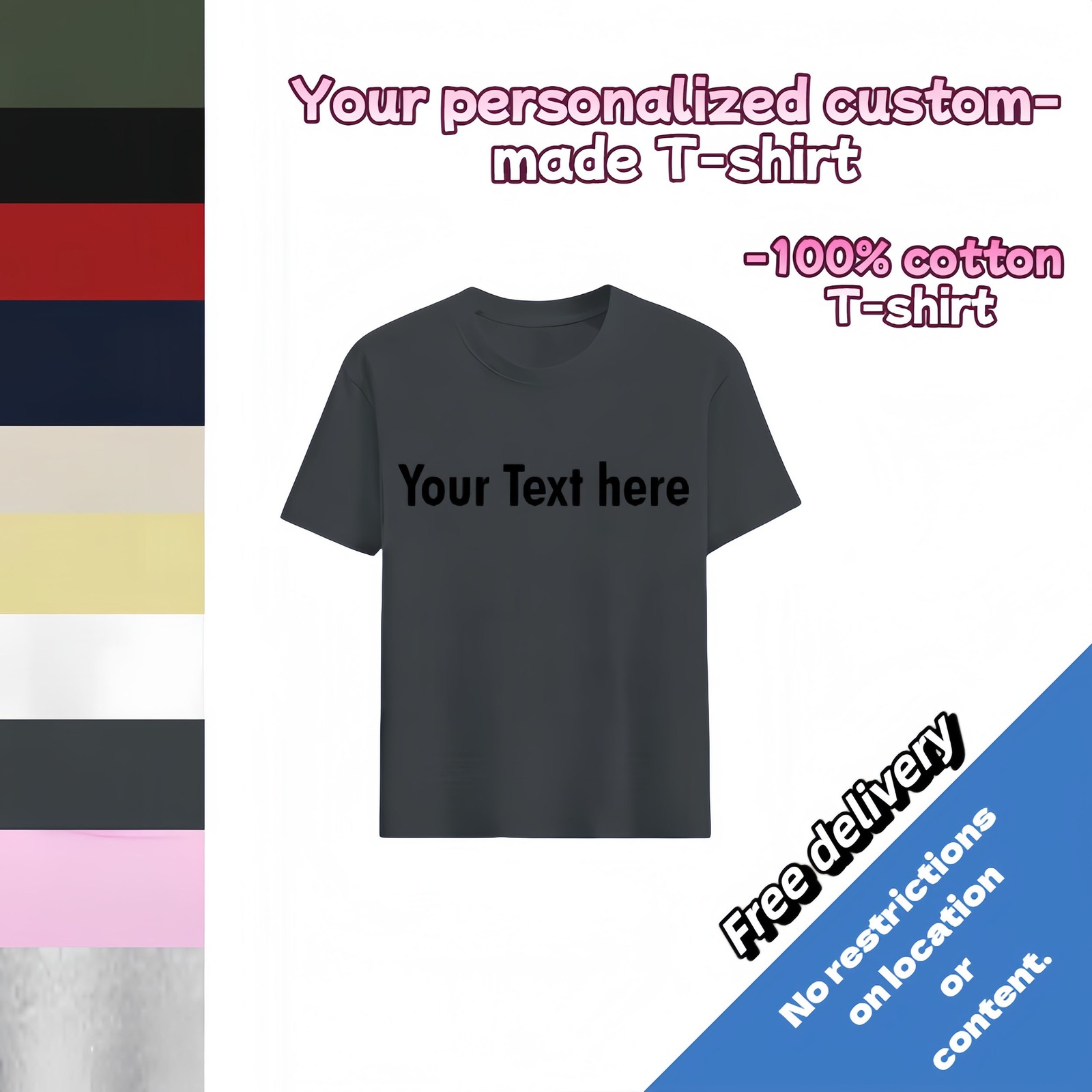 Customized text design, printed on personalized T-shirts.Design and print by you