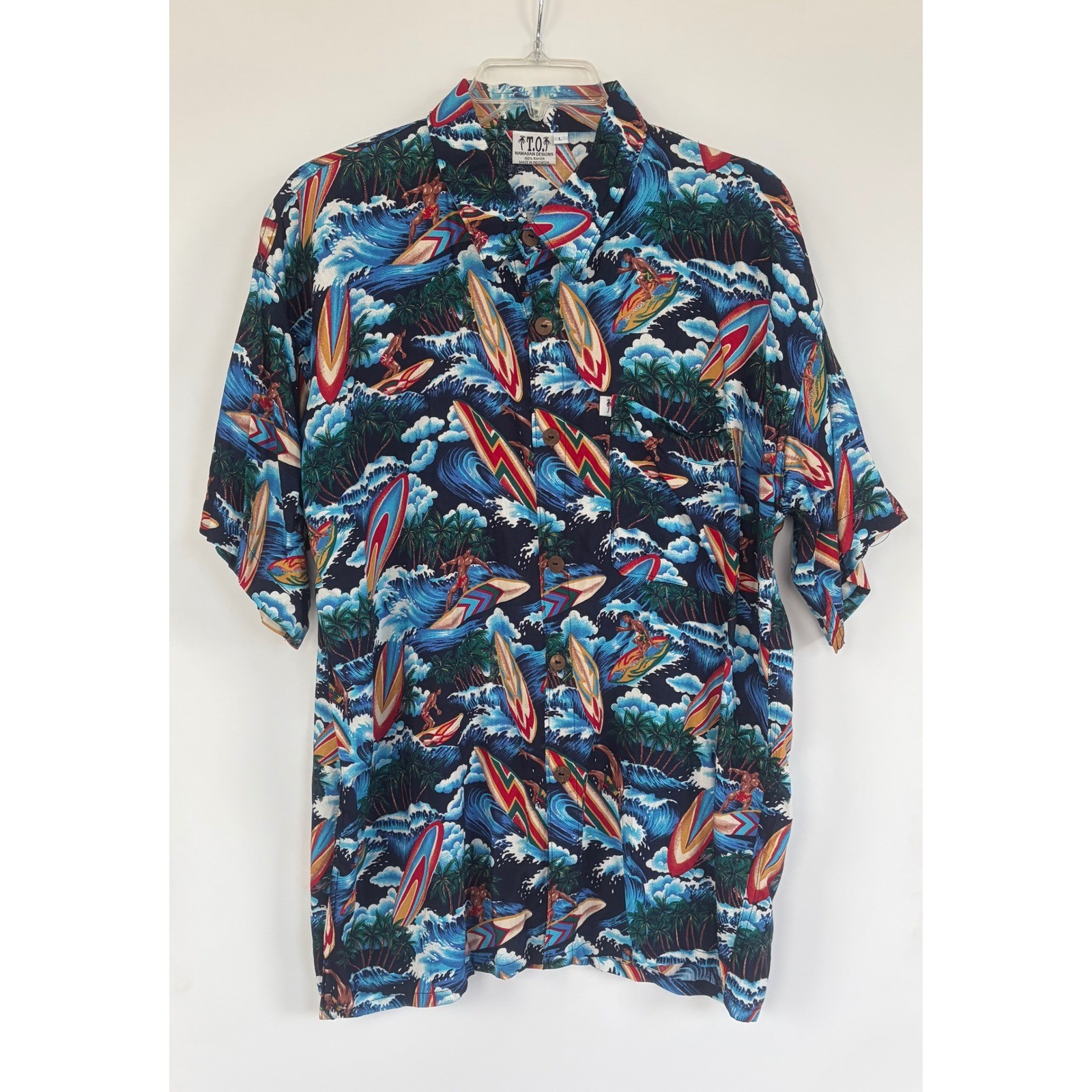 T.O.T. Hawaiian Designs Mens Large Rayon Surfer Print Aloha Shirt Navy Blue