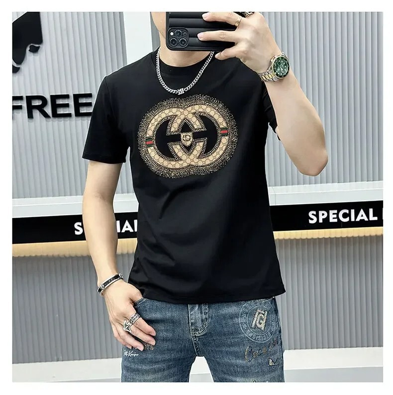 New Men Luxury Diamond Rhinestones Black White T-Shirt High Quality
