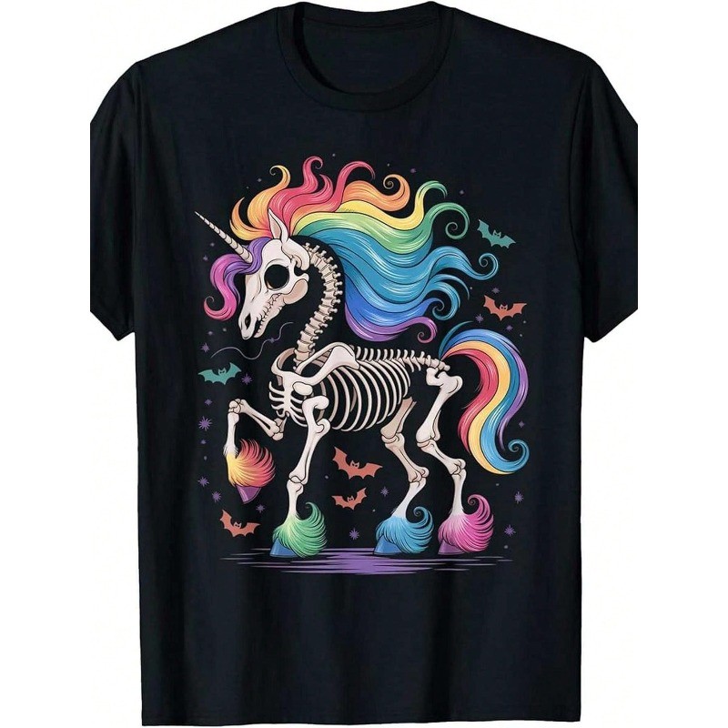 Men’s Vintage-Inspired Unicorn Skeleton Rainbow Graphic Tee | Short Sleeve