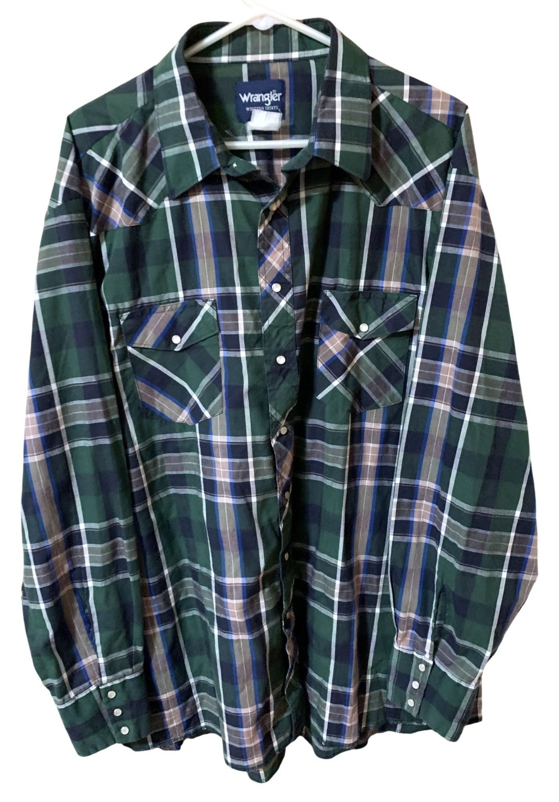 Wrangler Men’s 3XLT? Pearl Snap Western Shirt Green Plaid Vintage Cowboy