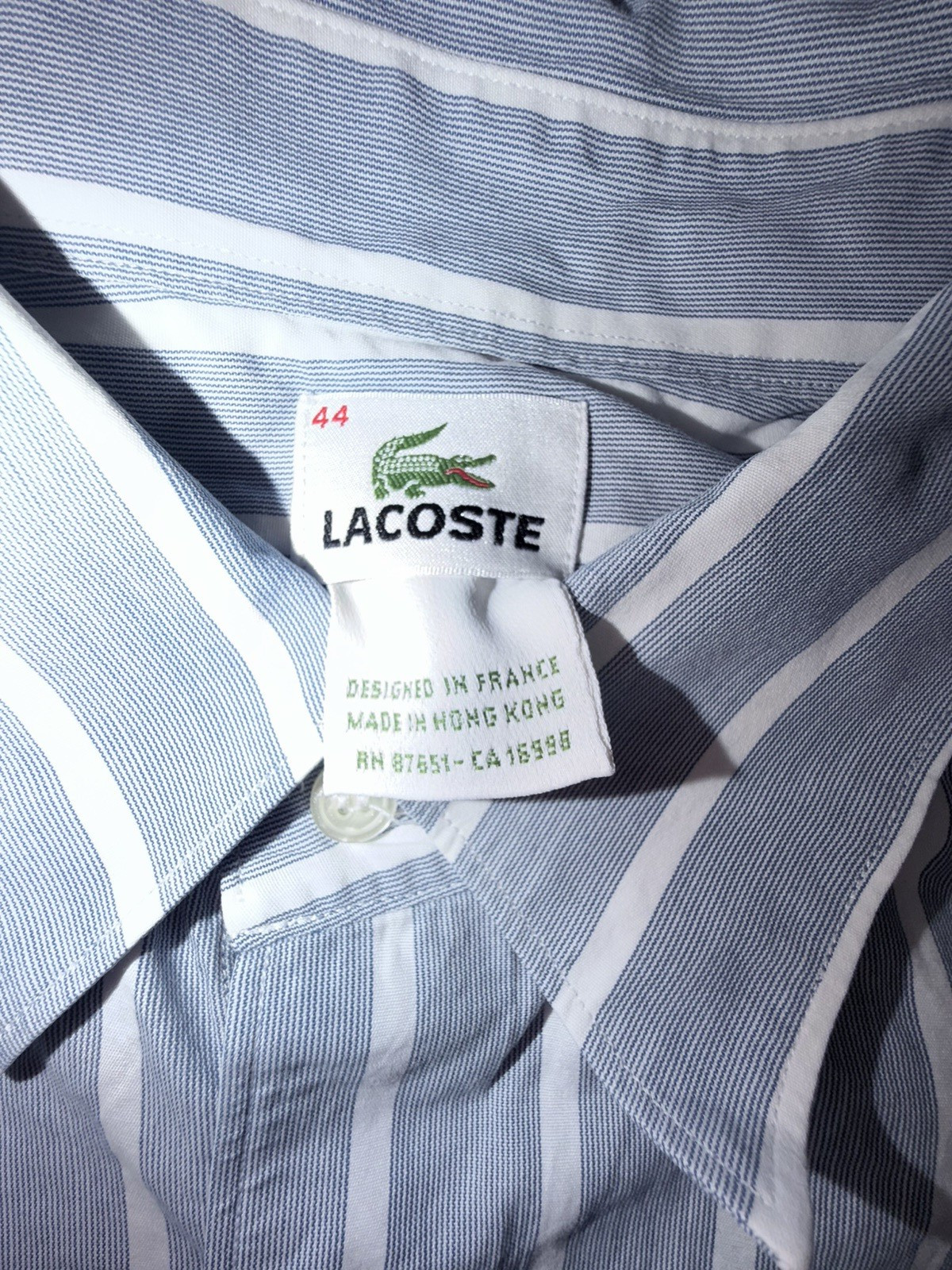 Lacoste Men’s Cotton Dress Shirt Blue/White Striped Size 44 Long Sleeve 32/33