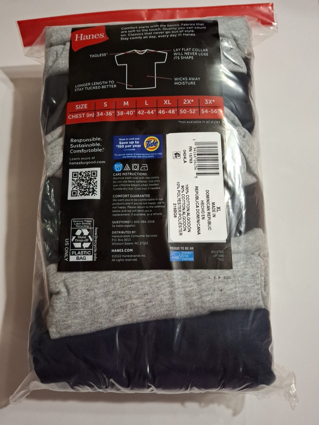 Hanes 6 Pack Mens T-Shirts Crew Neck Cool Comfort Size XL Value Pack Tagless NEW