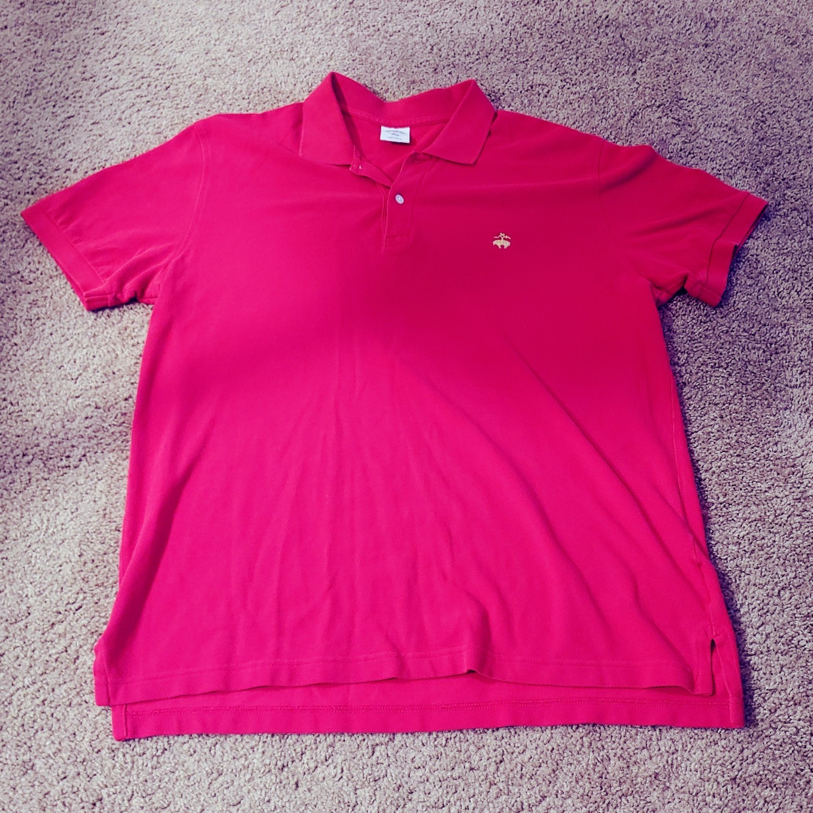 Brooks Brothers Mens Short Sleeve Polo XL Red Slim Fit Yellow Logo Office