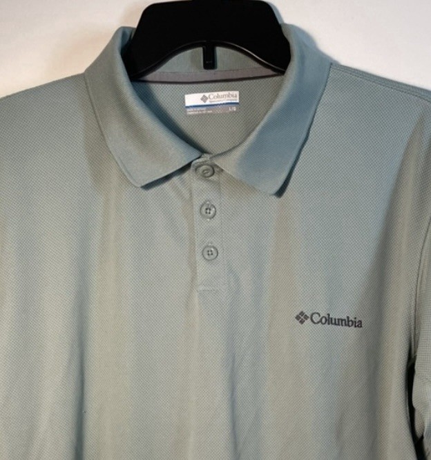 Columbia Polo Shirt, L, Short Sleeve, Polyester, Light Grey Green, Machine Wash