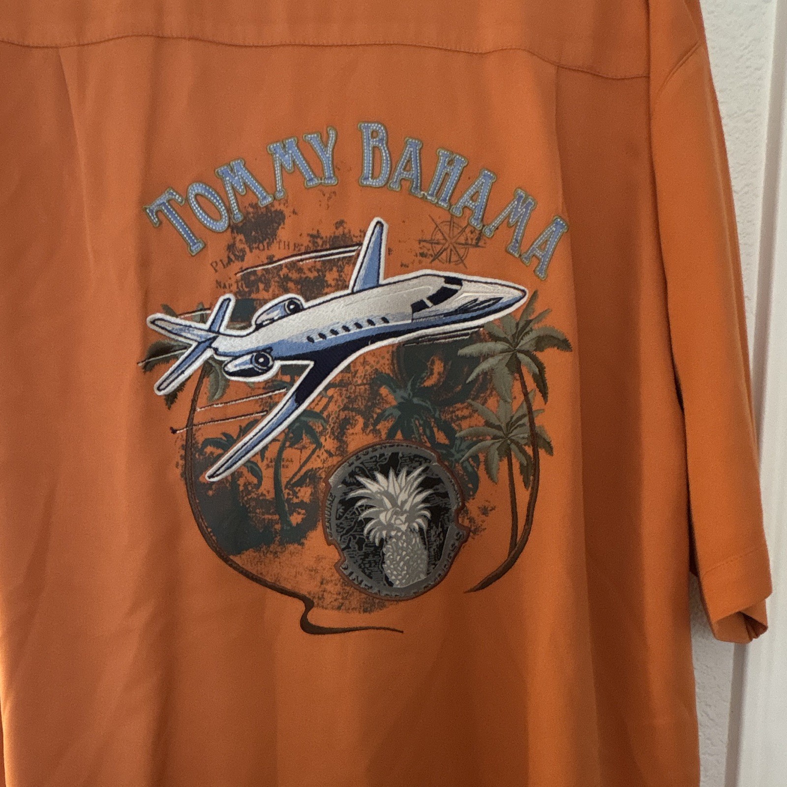 Tommy Bahama Men’s XL Orange Airplane Graphic Print Short Sleeve Woven Shirt