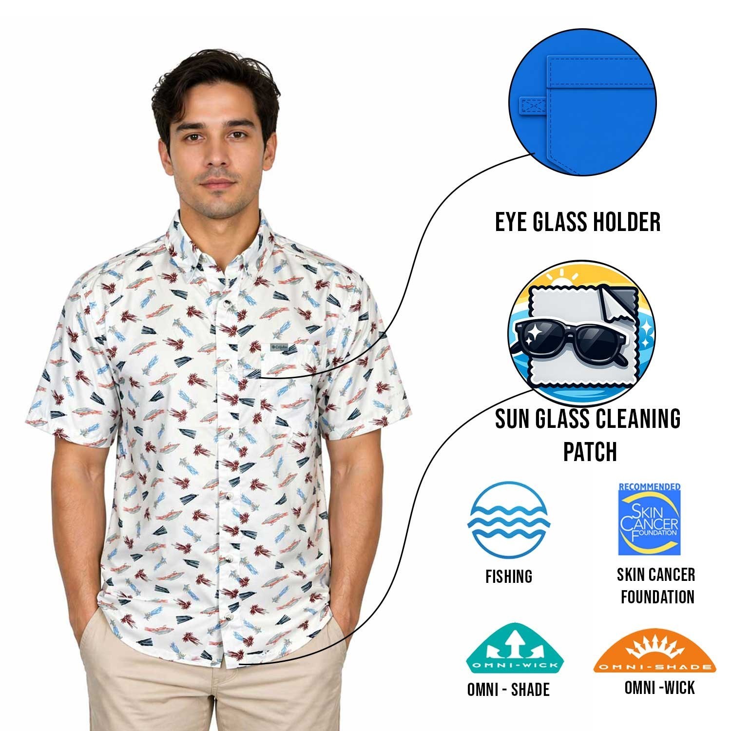 Columbia Men’s White Fly Pride Shirt PFG Super Slack Tide Camp S/S (111)