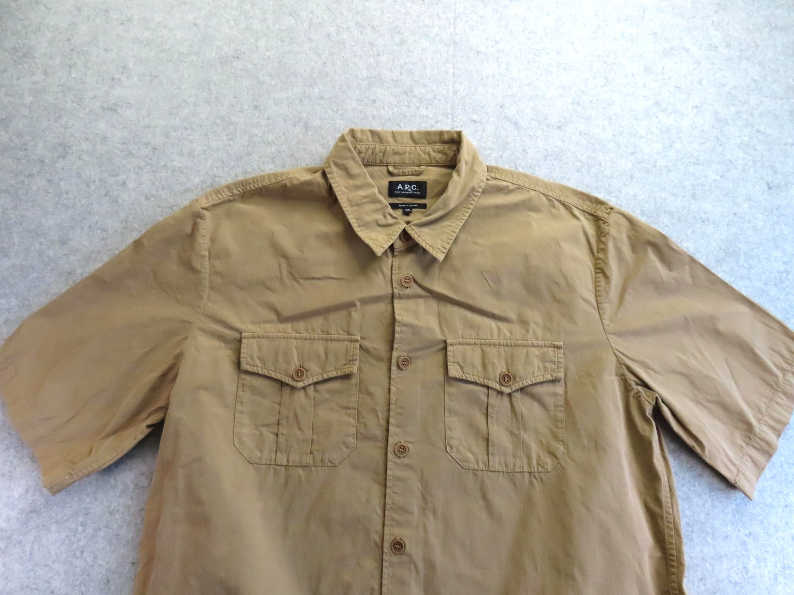 A.P.C. Shirt Mens 2XL Beige Safari Canvas Utility Cotton Short Sleeve Button Up