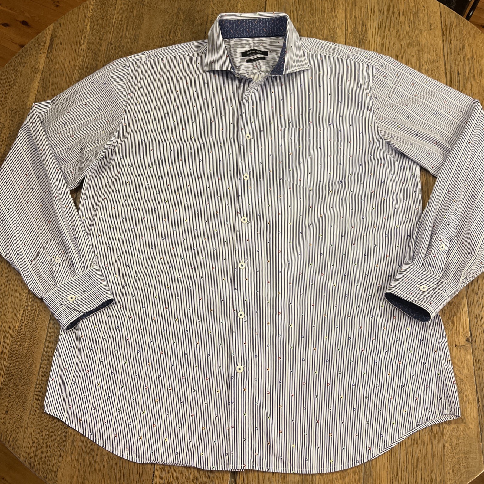 Bugatchi Men’s XXL Button Down Navy Geo Print Long Sleeve Classic Fit Shirt Blue