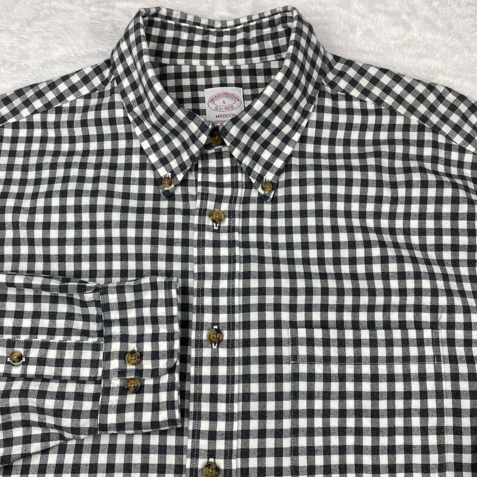 Brooks Brothers Shirt Men’s Large Black Buffalo Check Madison Fit Soft Cotton