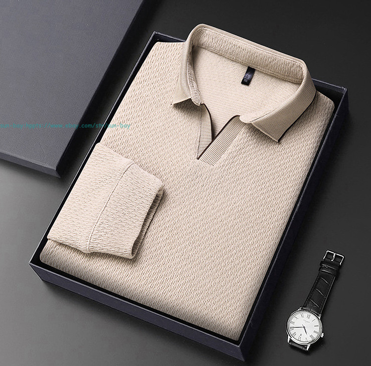 New Basic Turn-Down Collar T-Shirts Men’s Casual Long Sleeve Vintage Buttom Tops