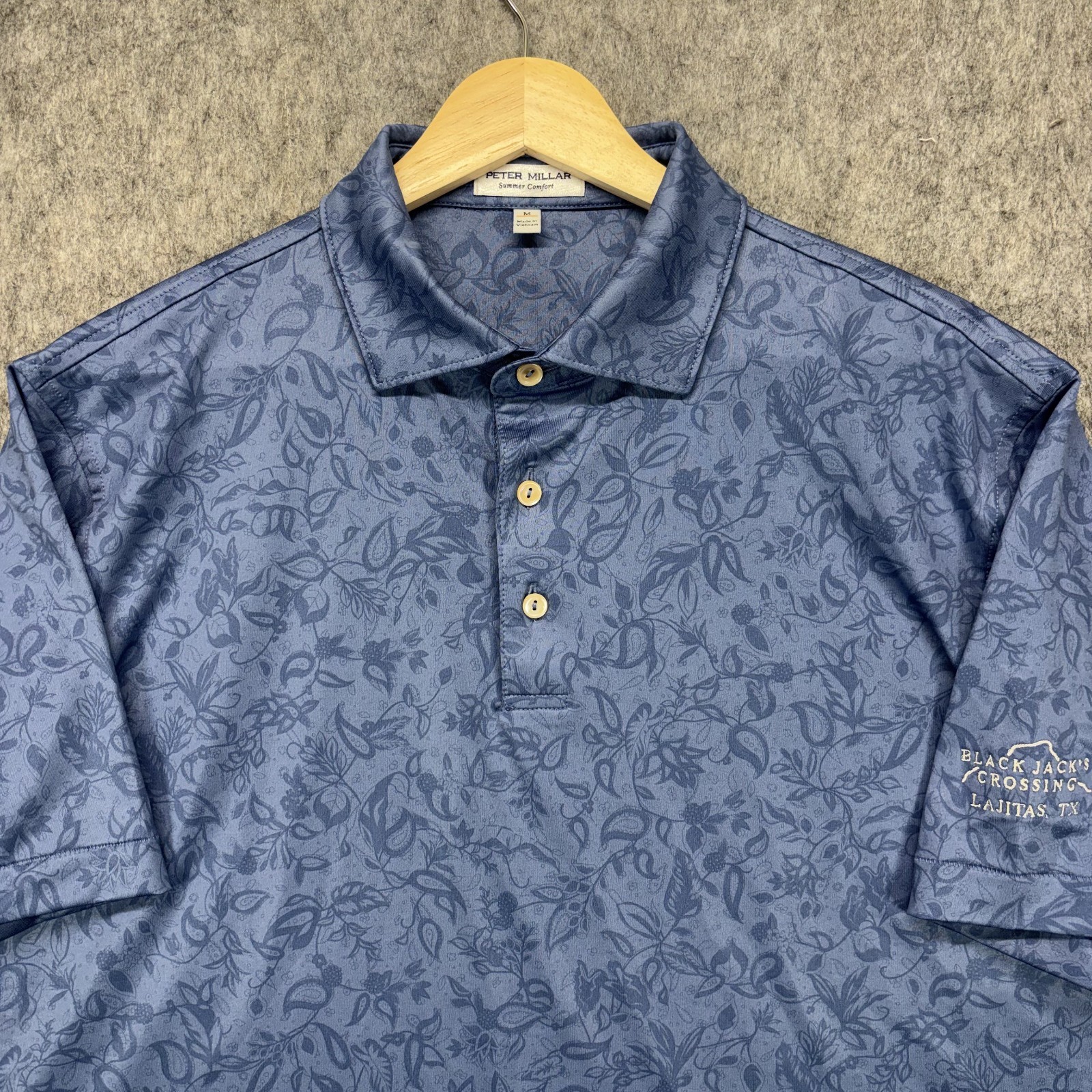 Black Jacks Crossing Peter Millar Golf Polo Shirt Medium Blue Floral Geometric