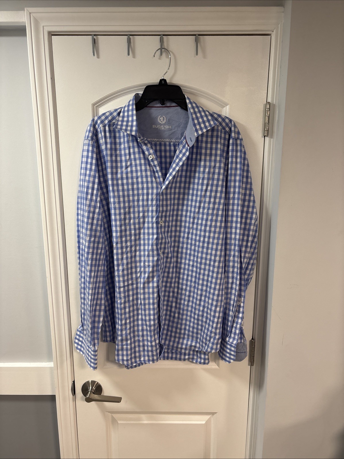 Bugatchi Uomo Men’s Blue Plaid Long Sleeve Button Up Dress Shirt Size 17.5 (909)
