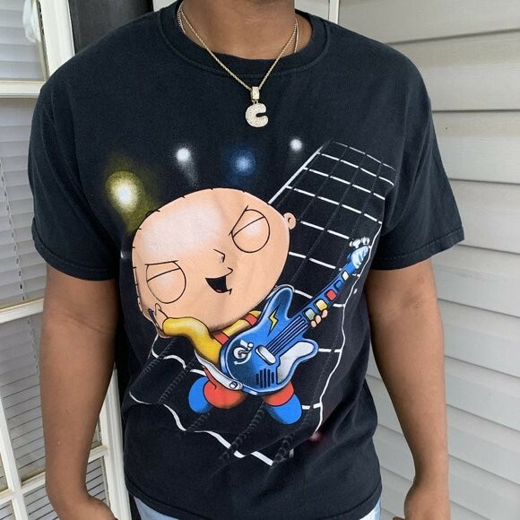Vintage retro Family Guy Stewie Guitar Hero black top shirt top T-shirt cartoon