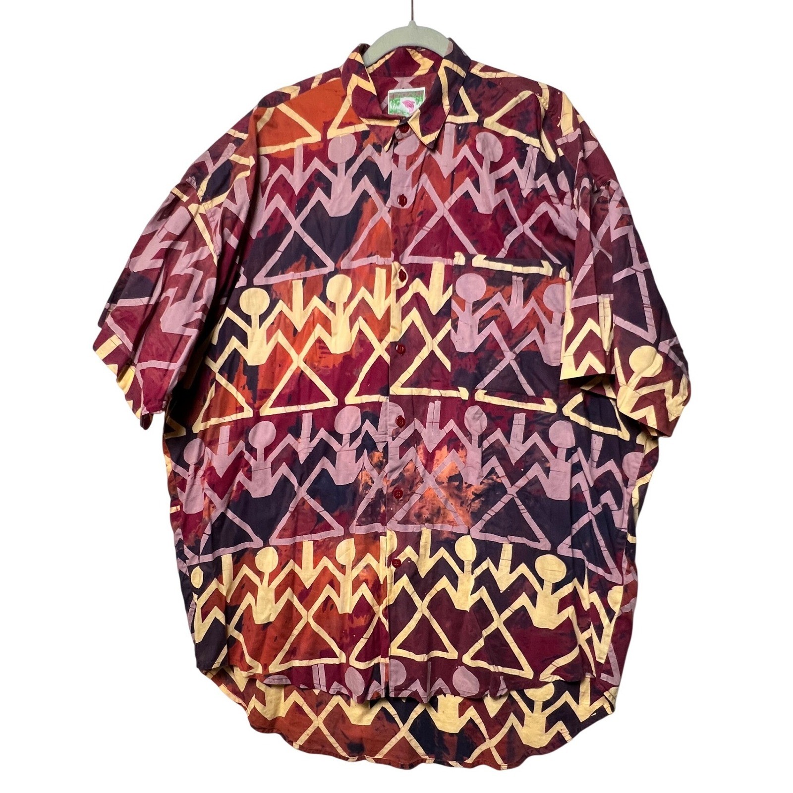 Mutiara Art Bali Mens Shirt Batik Tribal Geometric XL Burgundy Short Sleeve