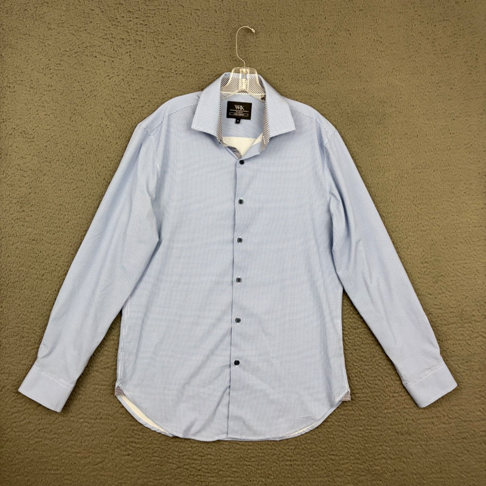 Work Rest Karma Shirt Mens Size 16 Blue Houndstooth 4 Way Stretch Long Sleeve