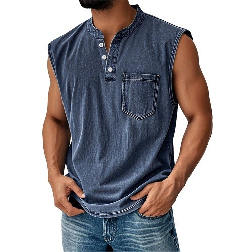 Men Sleeveless Beach Shirts Hawaiian Summer Shirt Button Vest Henley Tank Tops