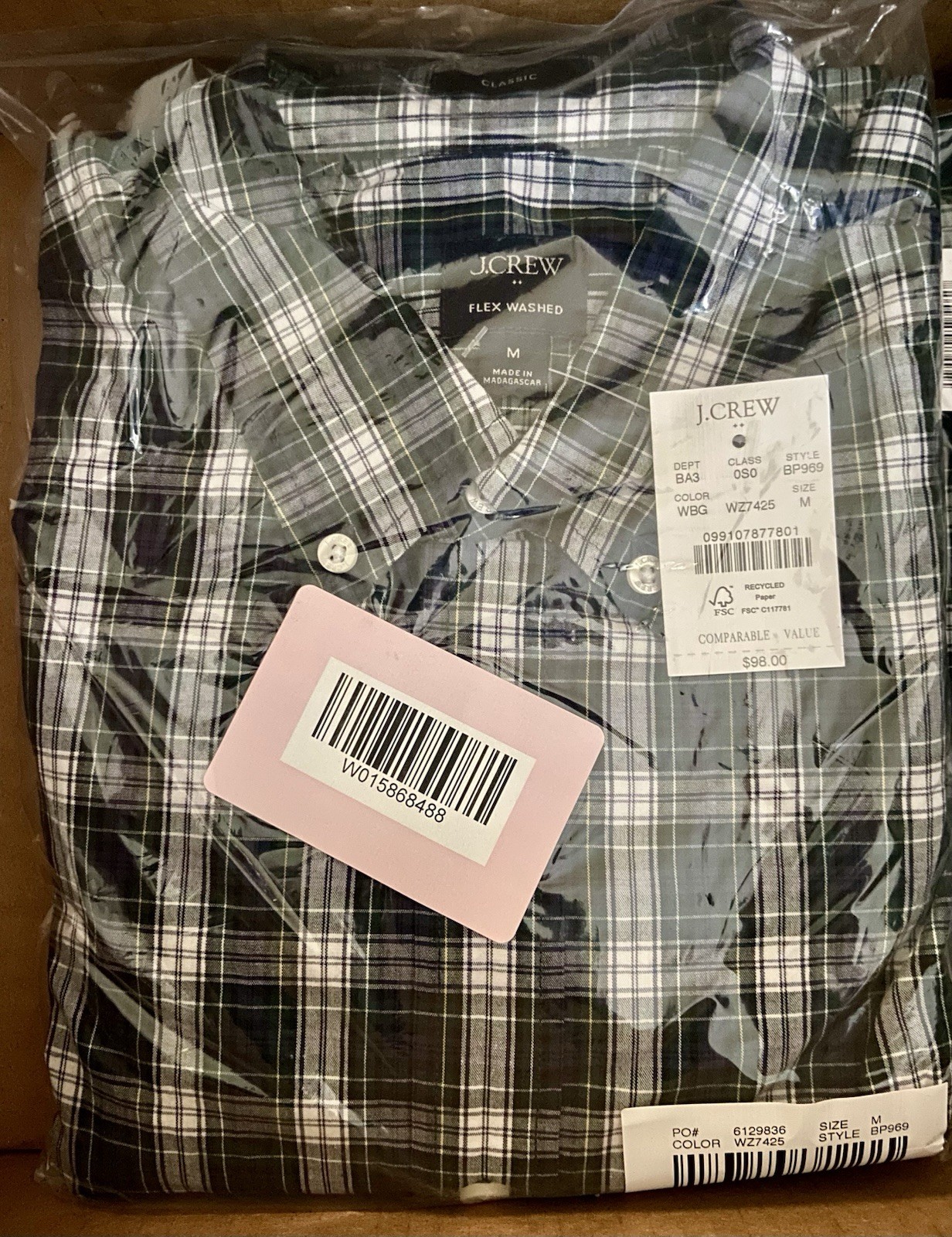 J Crew Classic Fit Flex Stretch Button Down Plaid Shirt Men Medium NWT Retail$98