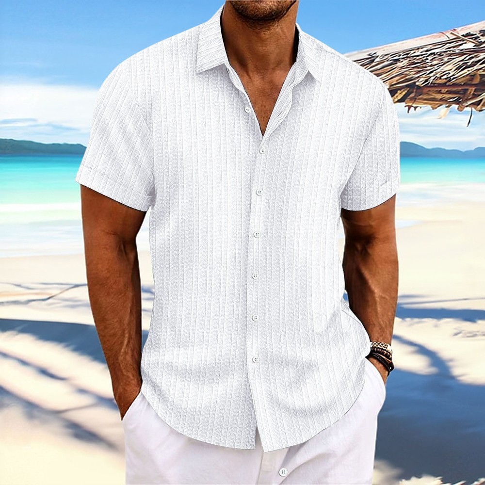 2025 Men Striped Button Down T Shirts Grandad Summer Short Sleeve Casual Tops
