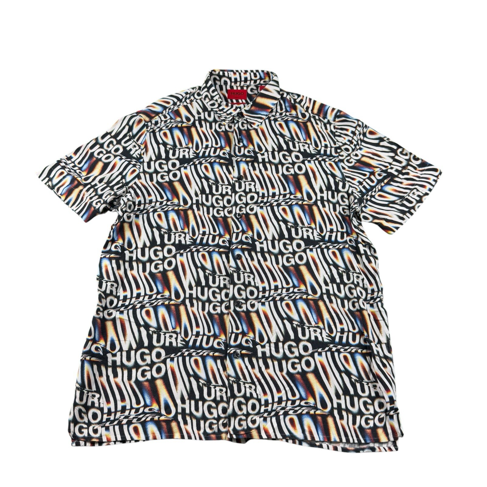 Hugo Boss Multicolor Ebor Spellout Psychadelic AOP Rayon S/S Shirt Size L