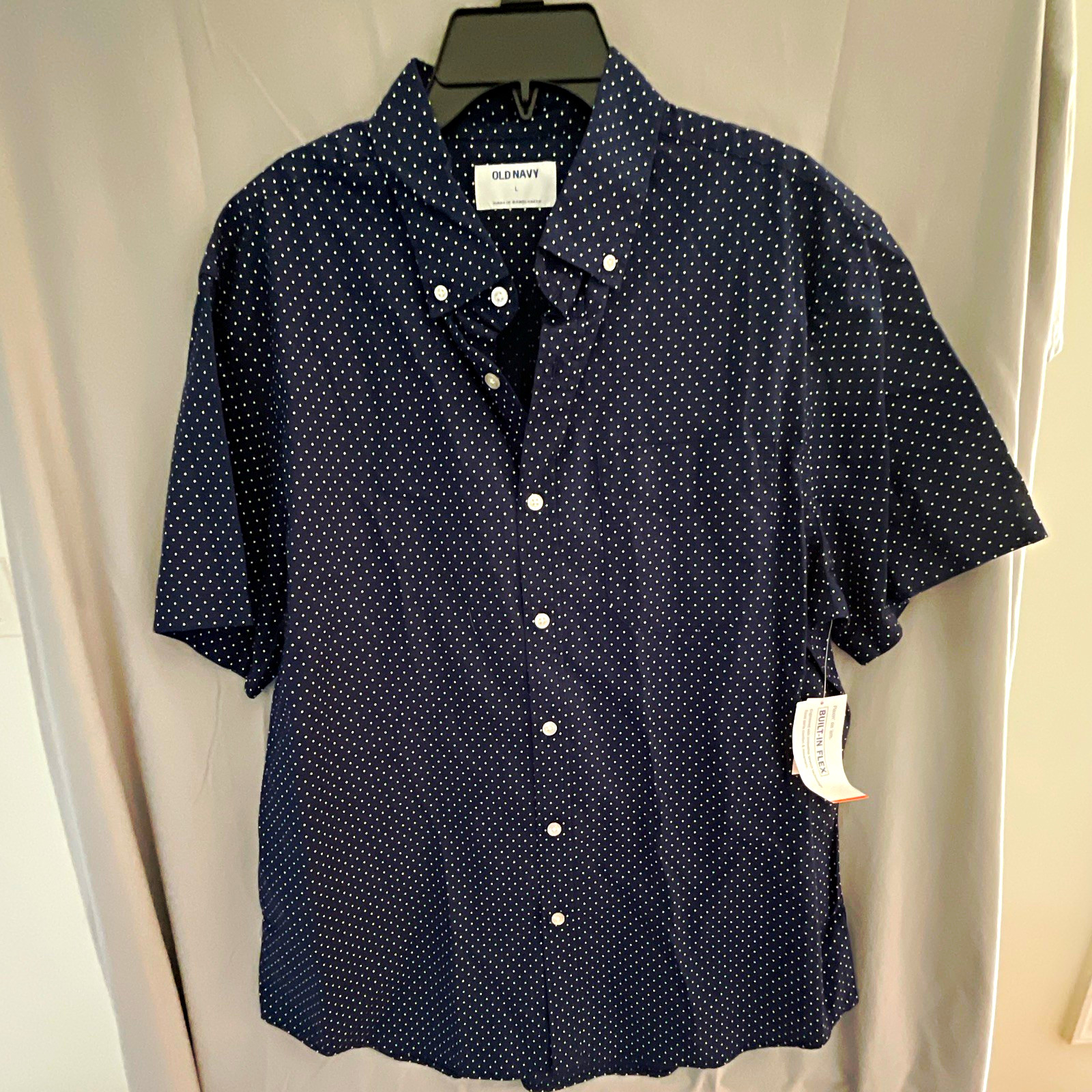 Old Navy Men’s L Regular Polka Dot Blue/White Short Slv Button-Down Stretch #66