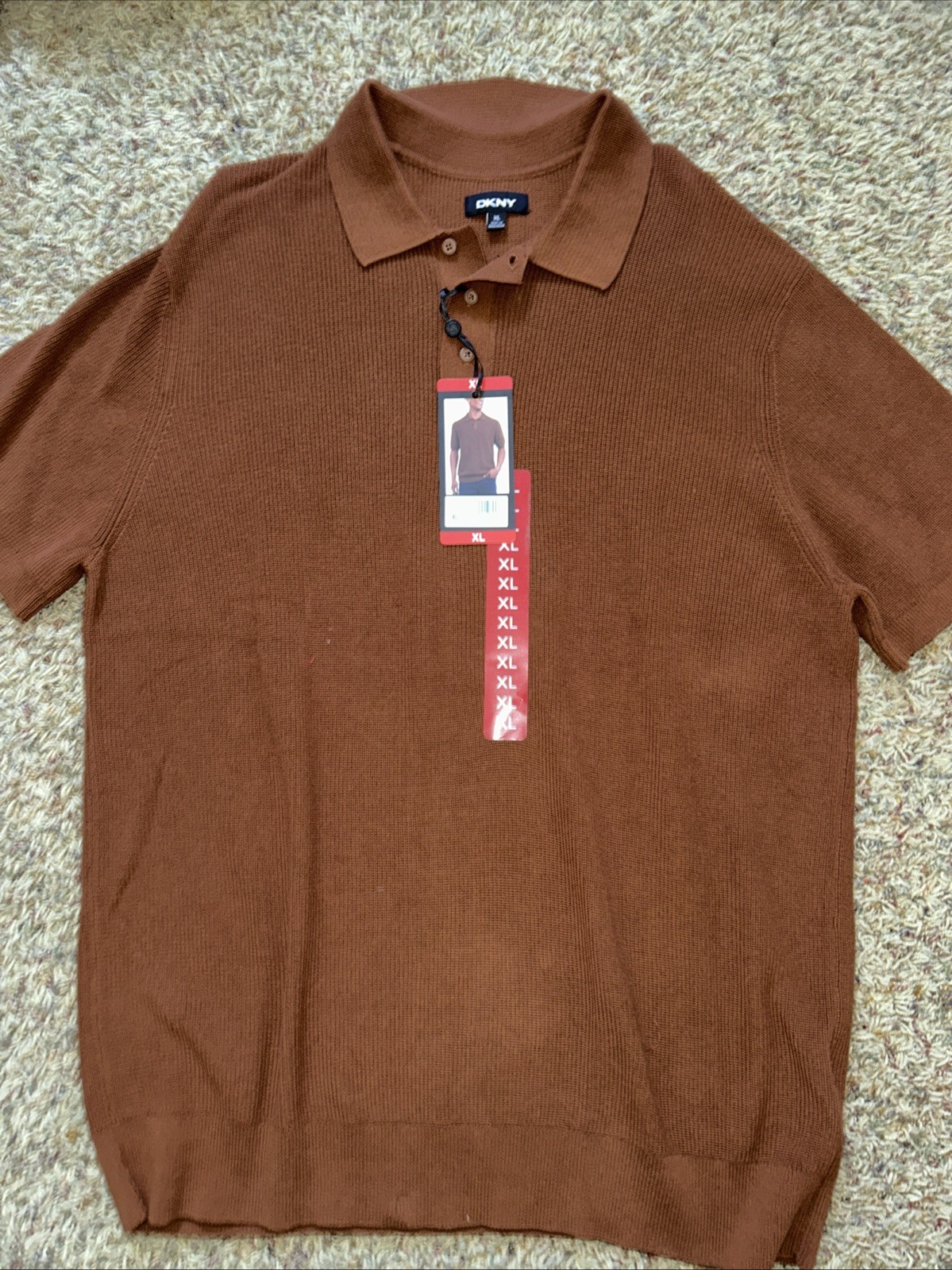 DKNY Mens Sweater Polo Shirt Short Sleeve Cotton Knit Cream Orange Size XL
