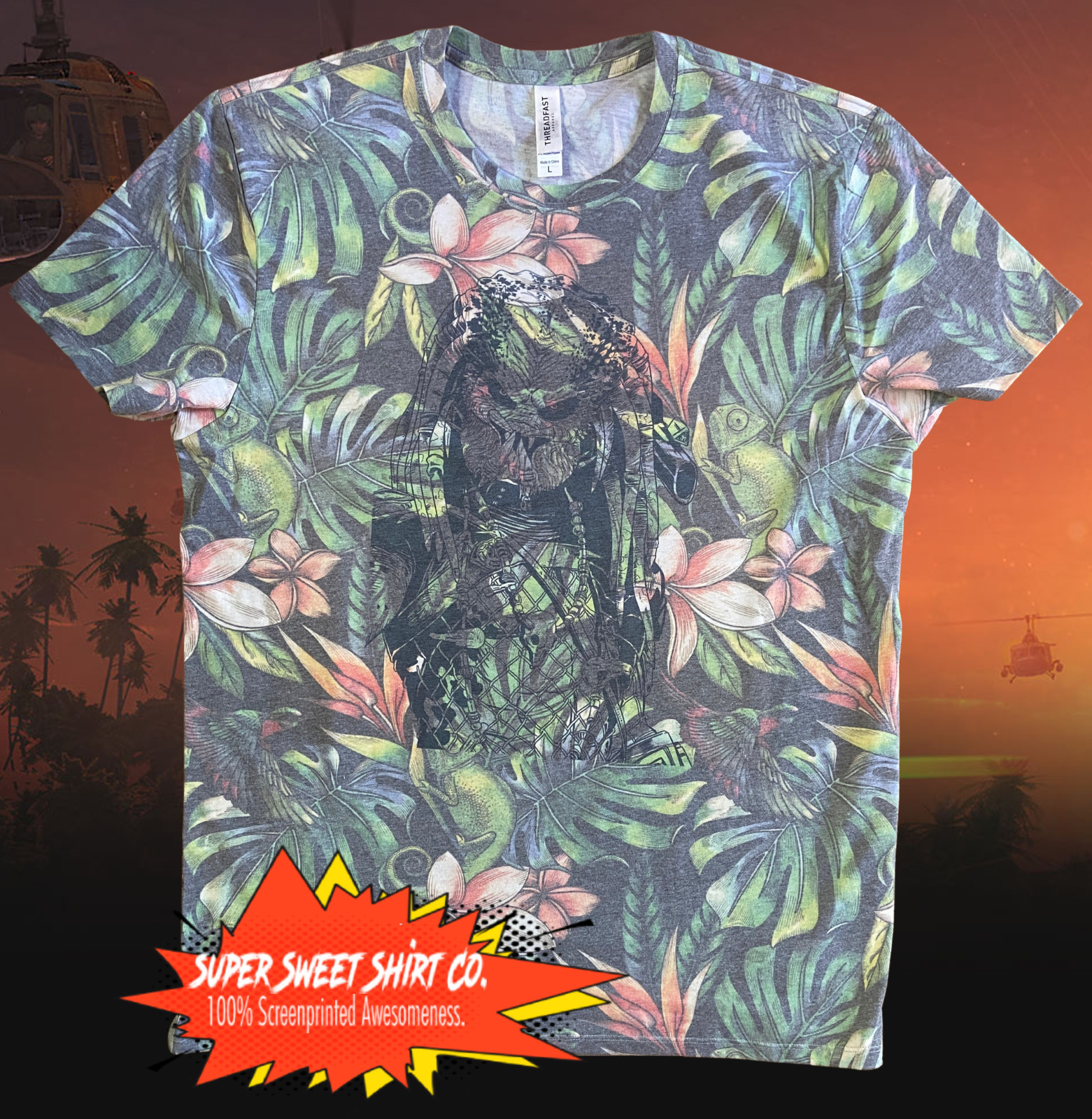 Predator Arnold Schwarzenegger Hawaiian shirt Floral Print 80s tees Jungle