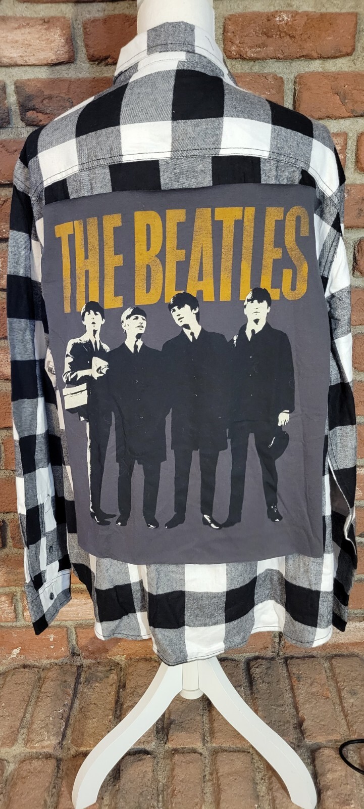Your choice of BEATLES logo on upcycled flannel. Custom-made to YOUR size