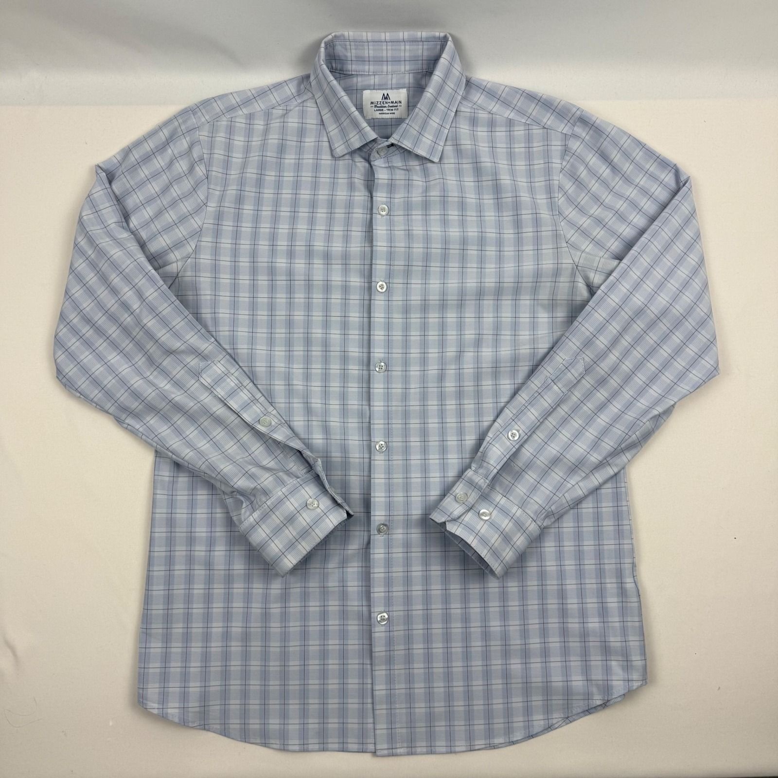 Mizzen+Main Mens Large Trim Fit Performance Plaid Dress Shirt Blue White Red