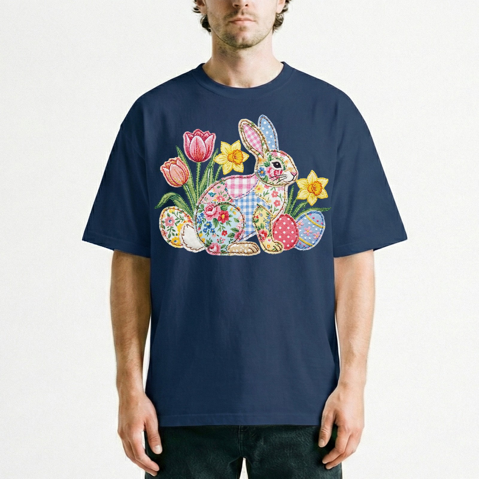 Easter Bunny Patchwork Floral Spring T-Shirt Holiday Cute Pastel Egg Lover Tee