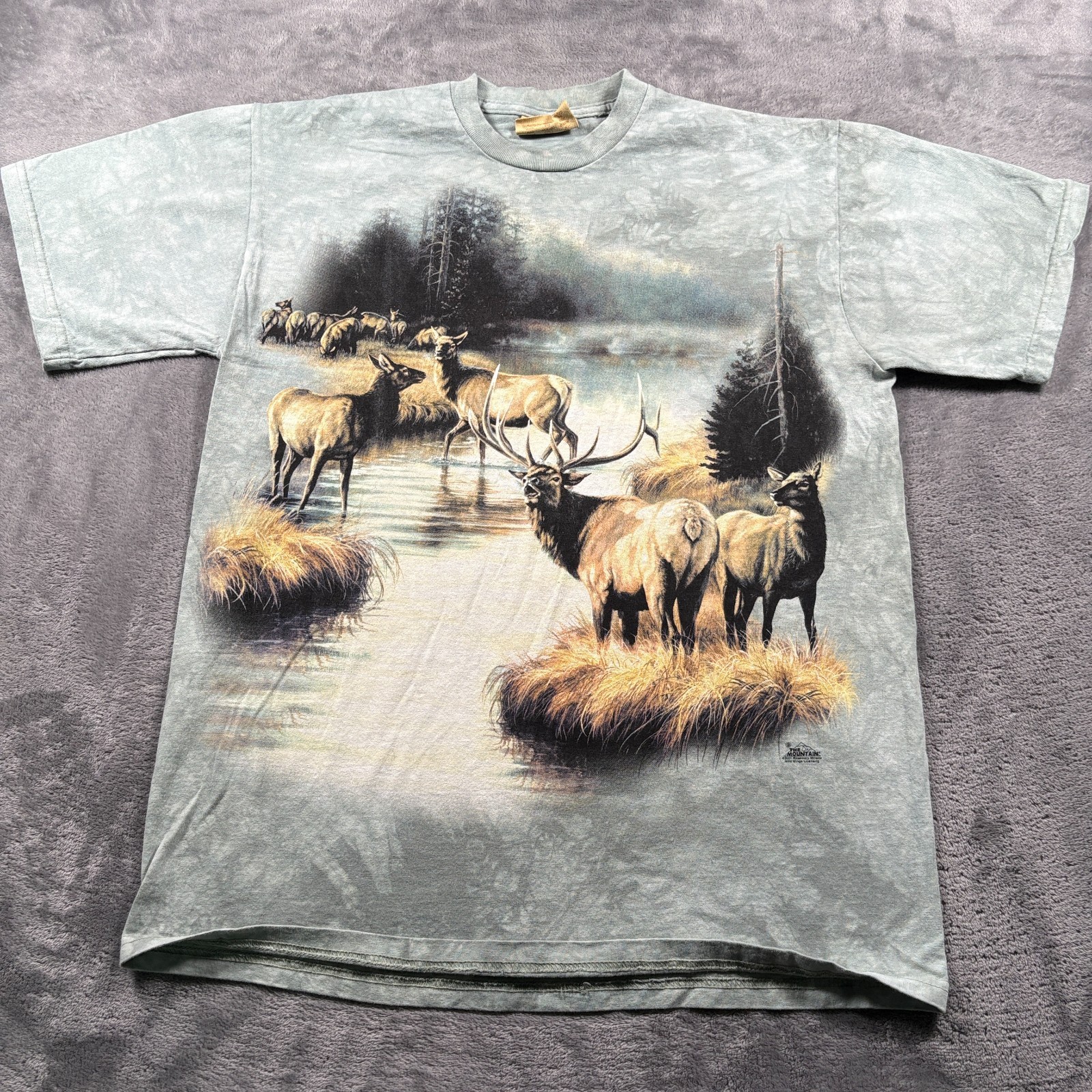 Vintage 2001 The Mountain T-Shirt Mens Medium Gray Tie Dye Elk Wildlife Retro