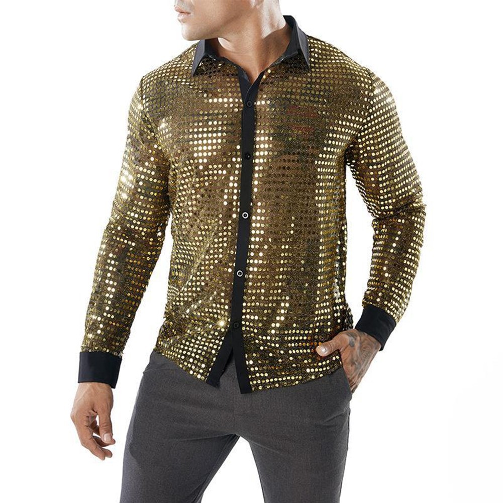 Dazzling Men’s Sparkly Sequins Party Dance Shirt Retro 70s Disco Nightclub Tops