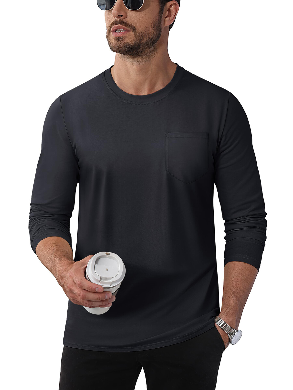 Men’s Cotton Casual Shirt Long Sleeve Chest Pocket Shirt Hiking Work Travel Tops