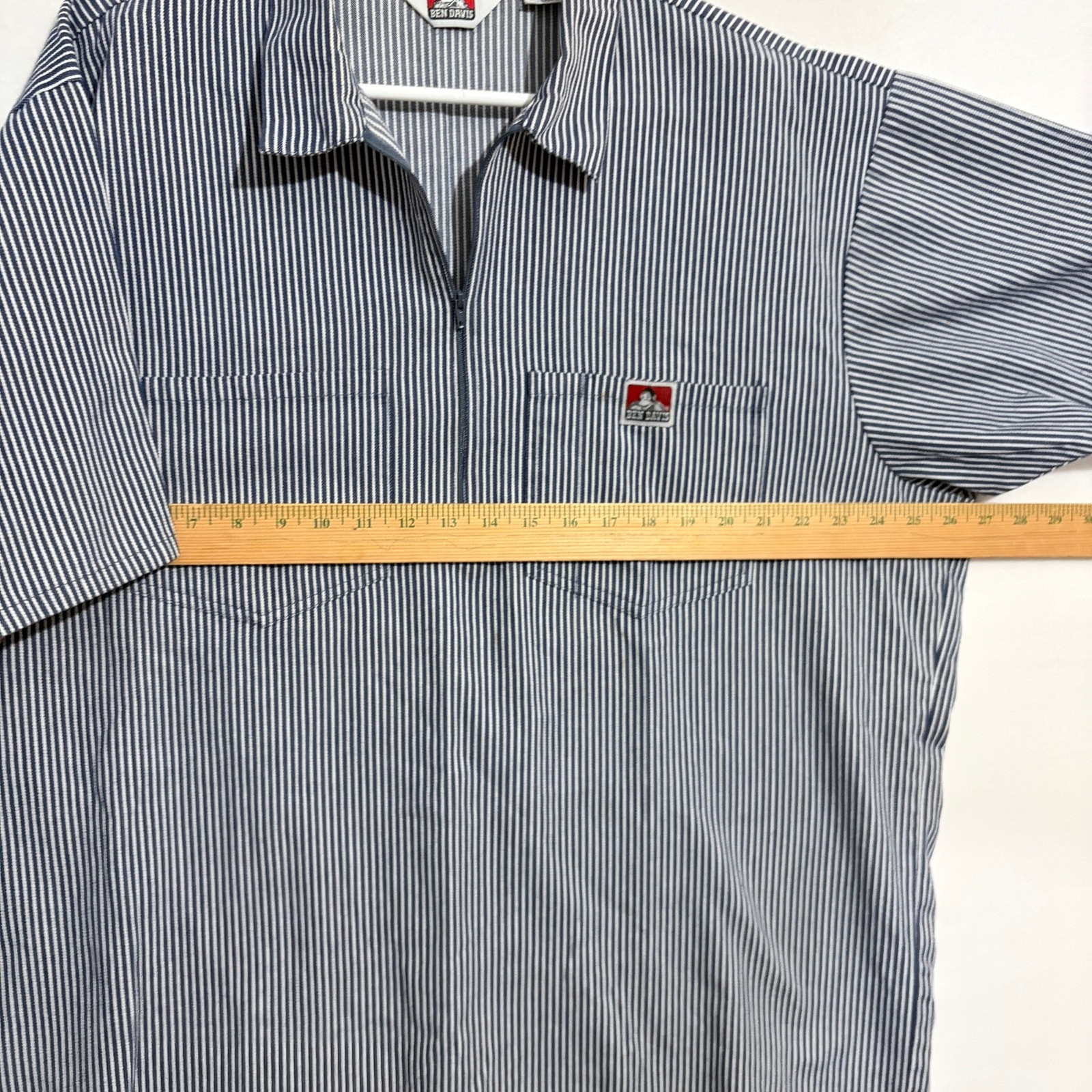 BEN DAVIS Mens Vtg Black White Pinstripe 1/4 Zip Short Sleeve Work Shirt XL USA
