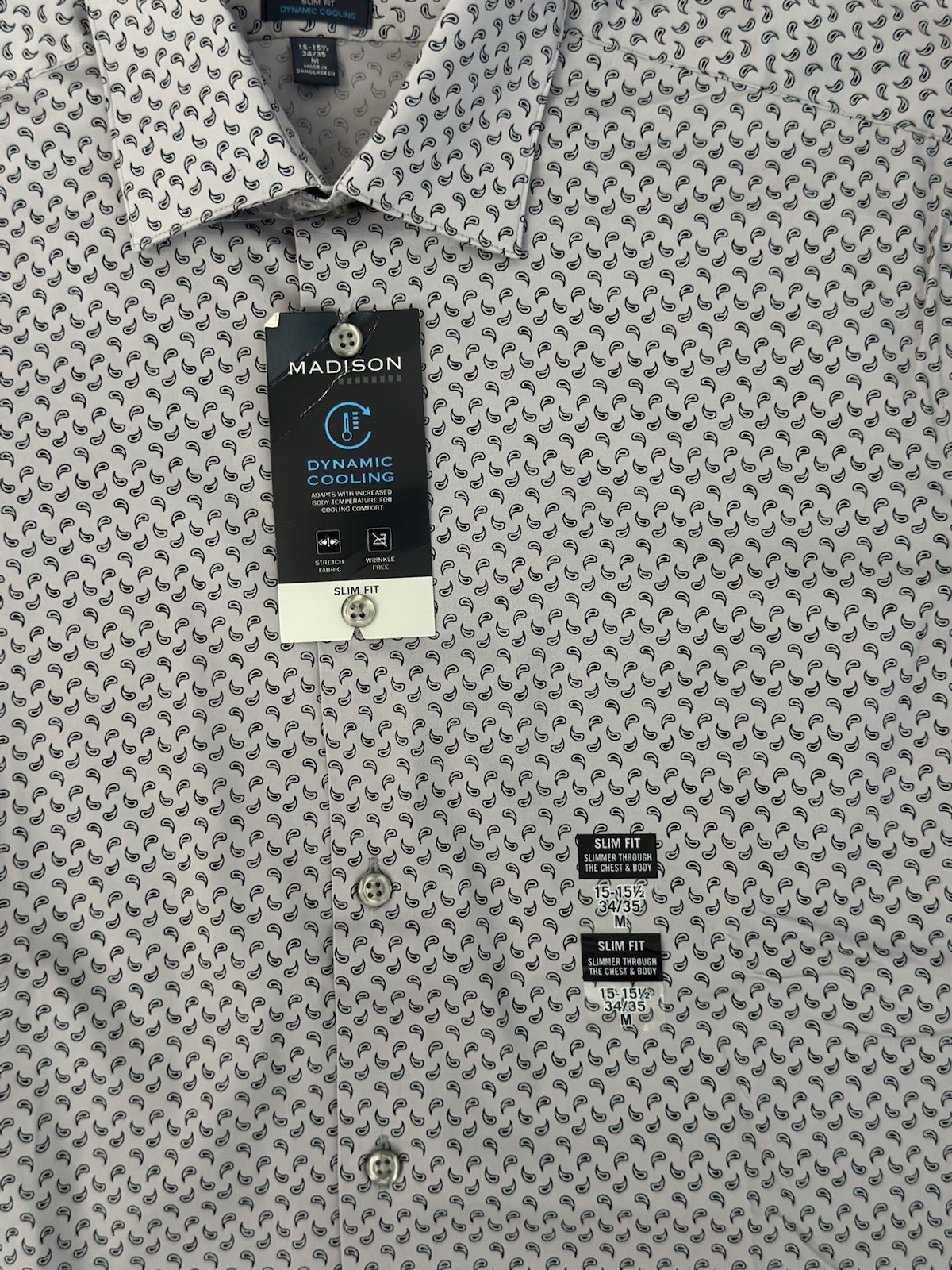 NWT Madison Mens Slim Fit Grey Button Down Dynamic Cooling Shirt M 15-15.5 34/35