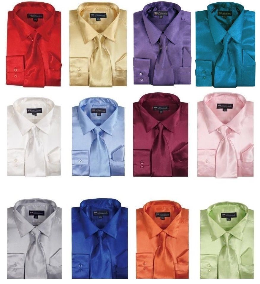 Men’s Shiny Satin Polyester Formal Dress Shirt w/ Tie and Hanky Set #08 Solid