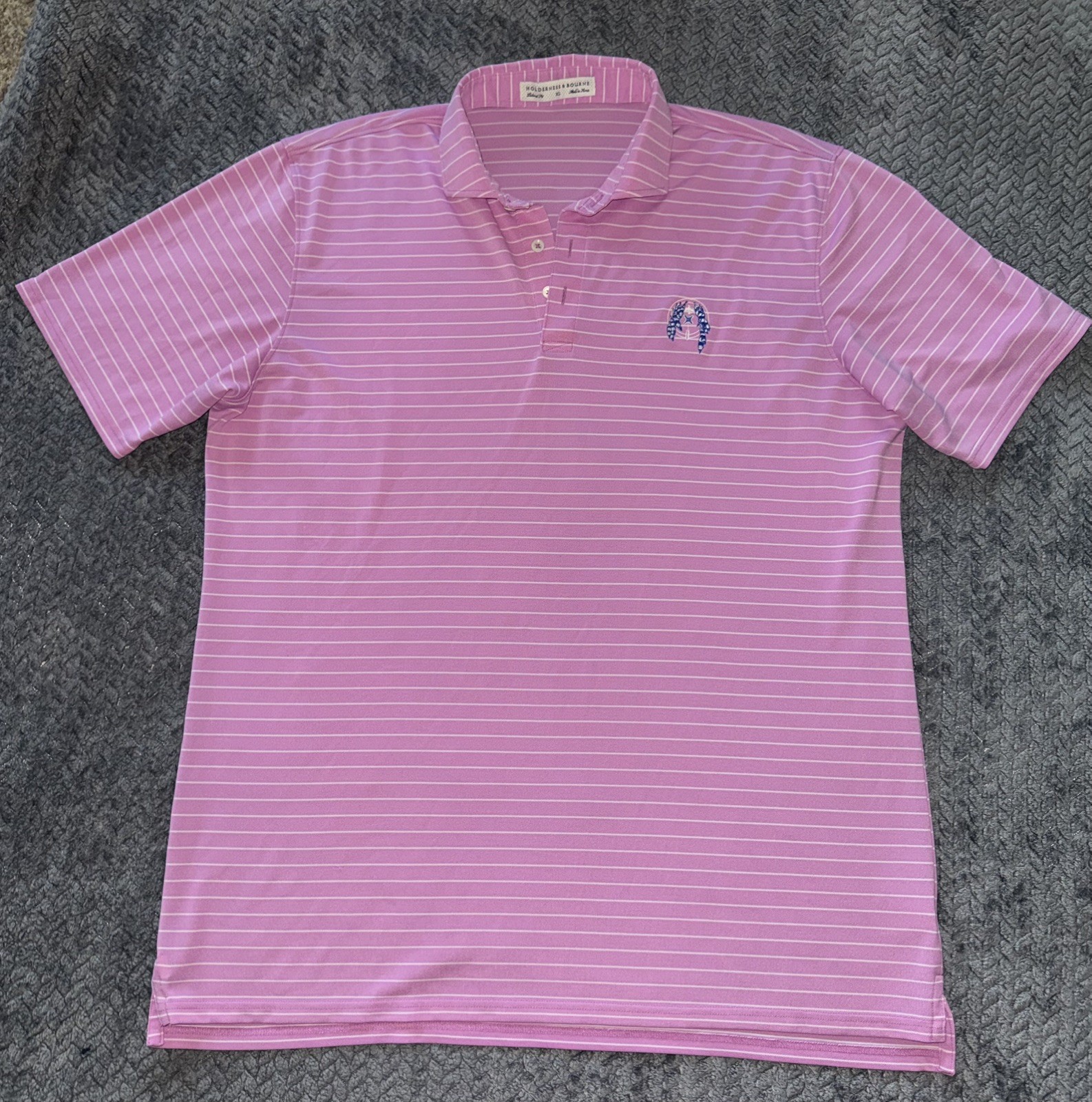 Holderness & Bourne Men’s Polo Shirt Tailored Fit Pink White Striped Stretch XL