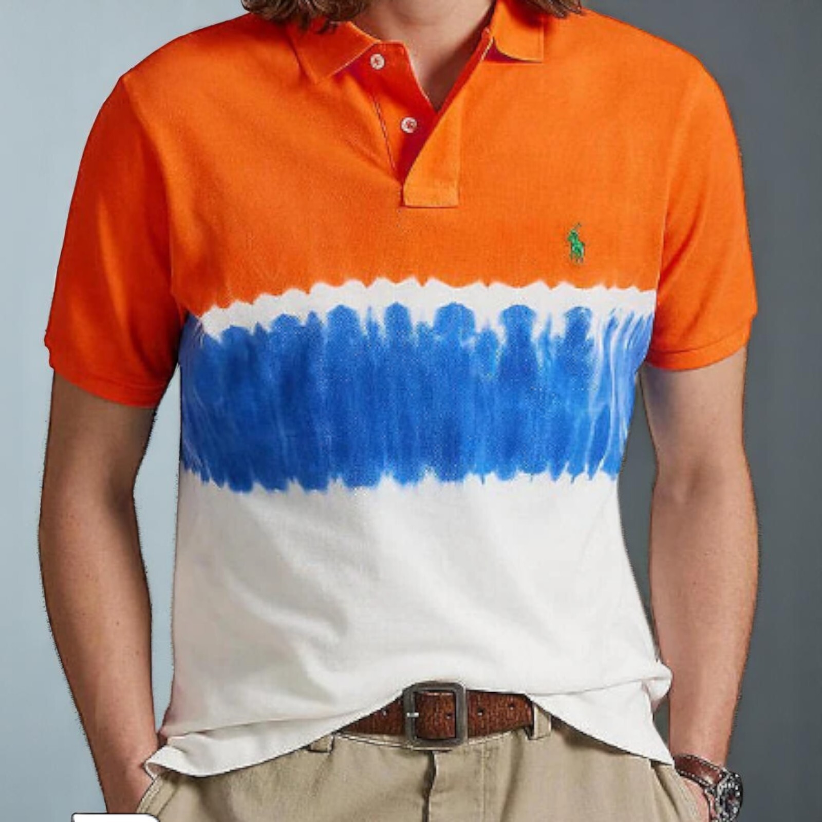 Polo Ralph Lauren Men’s, Dip-Dyed Mesh Polo Shirt, Orange, White, Blue