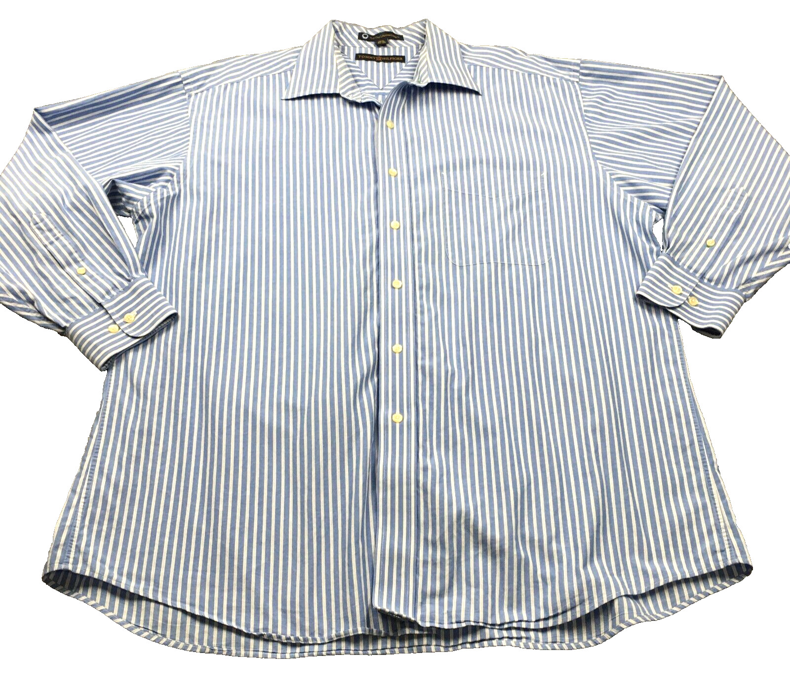 VTG Tommy Hilfiger Men Dress Shirt Sz 16.5×32/33 (L) Blue Stripe Lifetime Collar