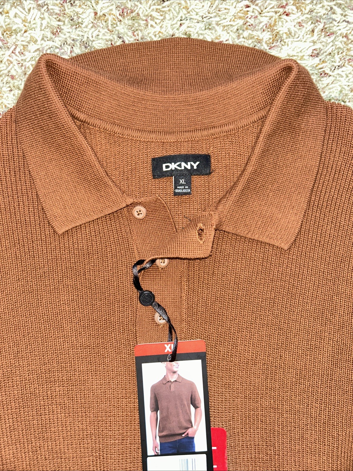 DKNY Mens Sweater Polo Shirt Short Sleeve Cotton Knit Cream Orange Size XL