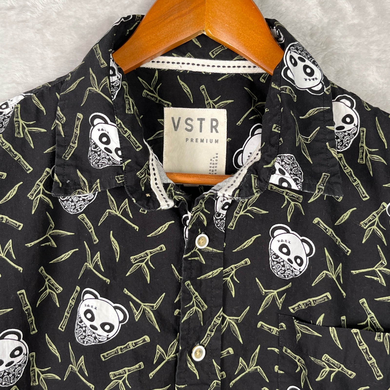VSTR Mens Indie Sleeze Button Down Shirt L Panda Bandana Bamboo Black Large AOP