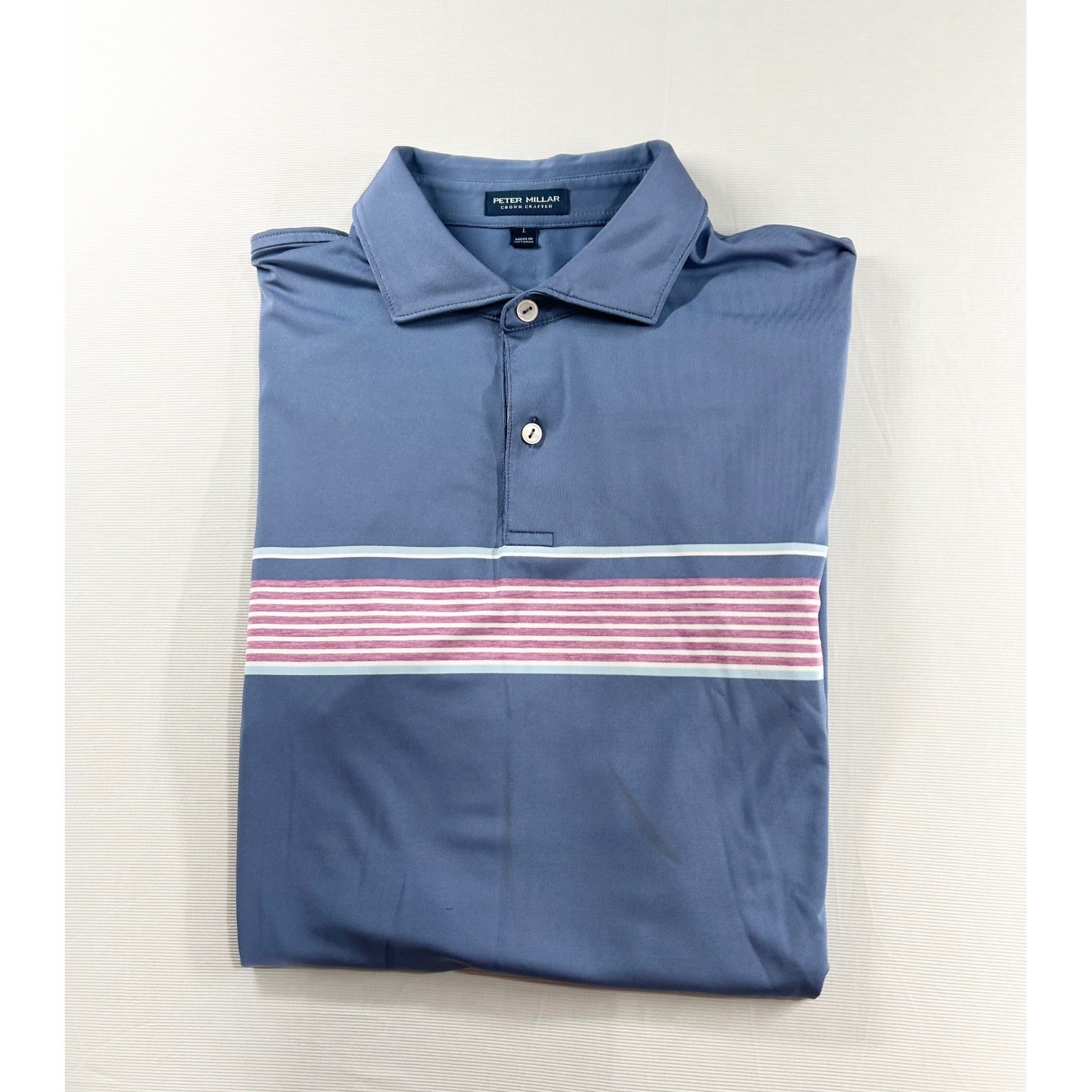 Peter Millar Crown Crafted Mens Large Blue Striped Performance Golf Polo Shirt