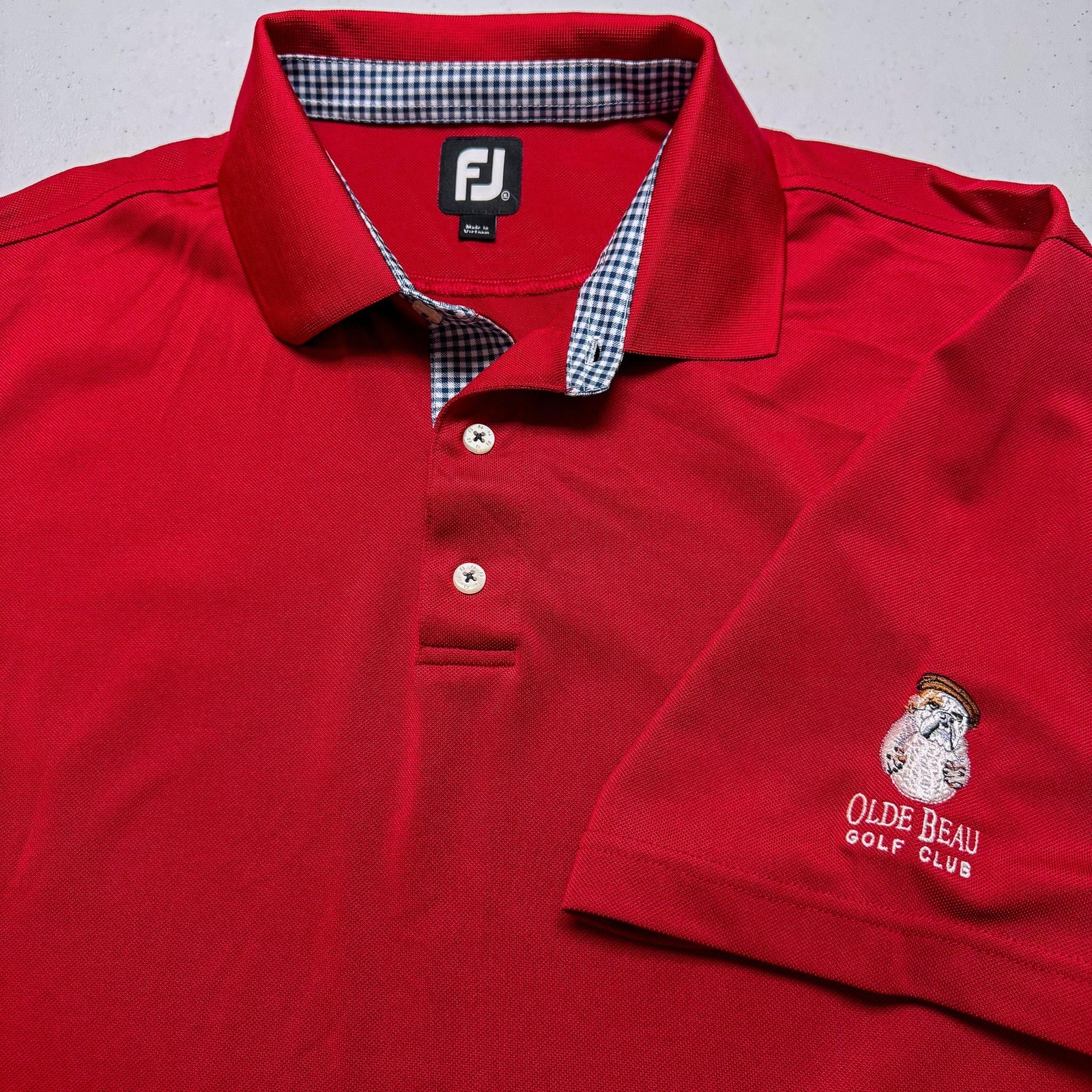 FootJoy Polo Shirt Mens XL Red Gingham Trim Olde Beau Golf Club Embroidered