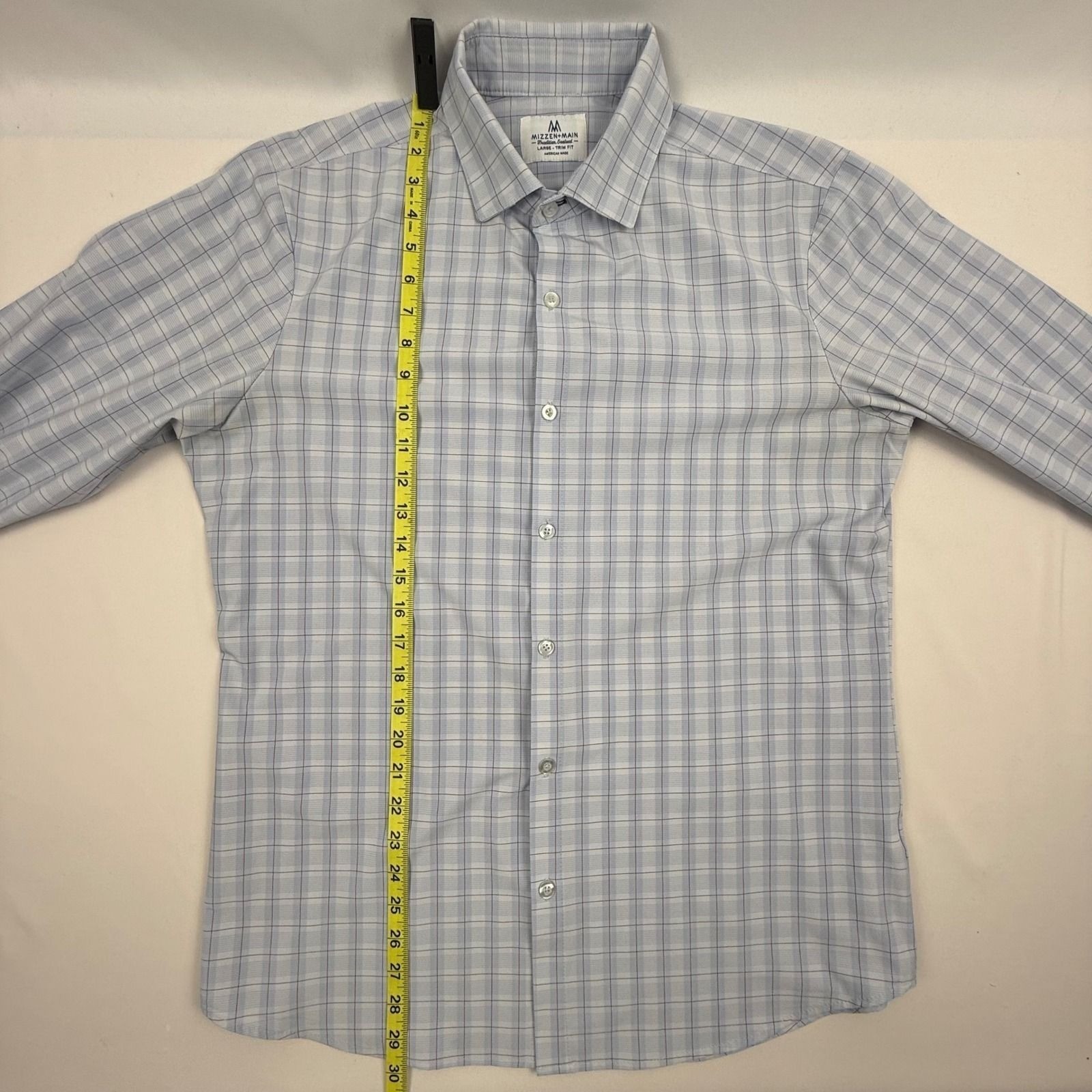 Mizzen+Main Mens Large Trim Fit Performance Plaid Dress Shirt Blue White Red