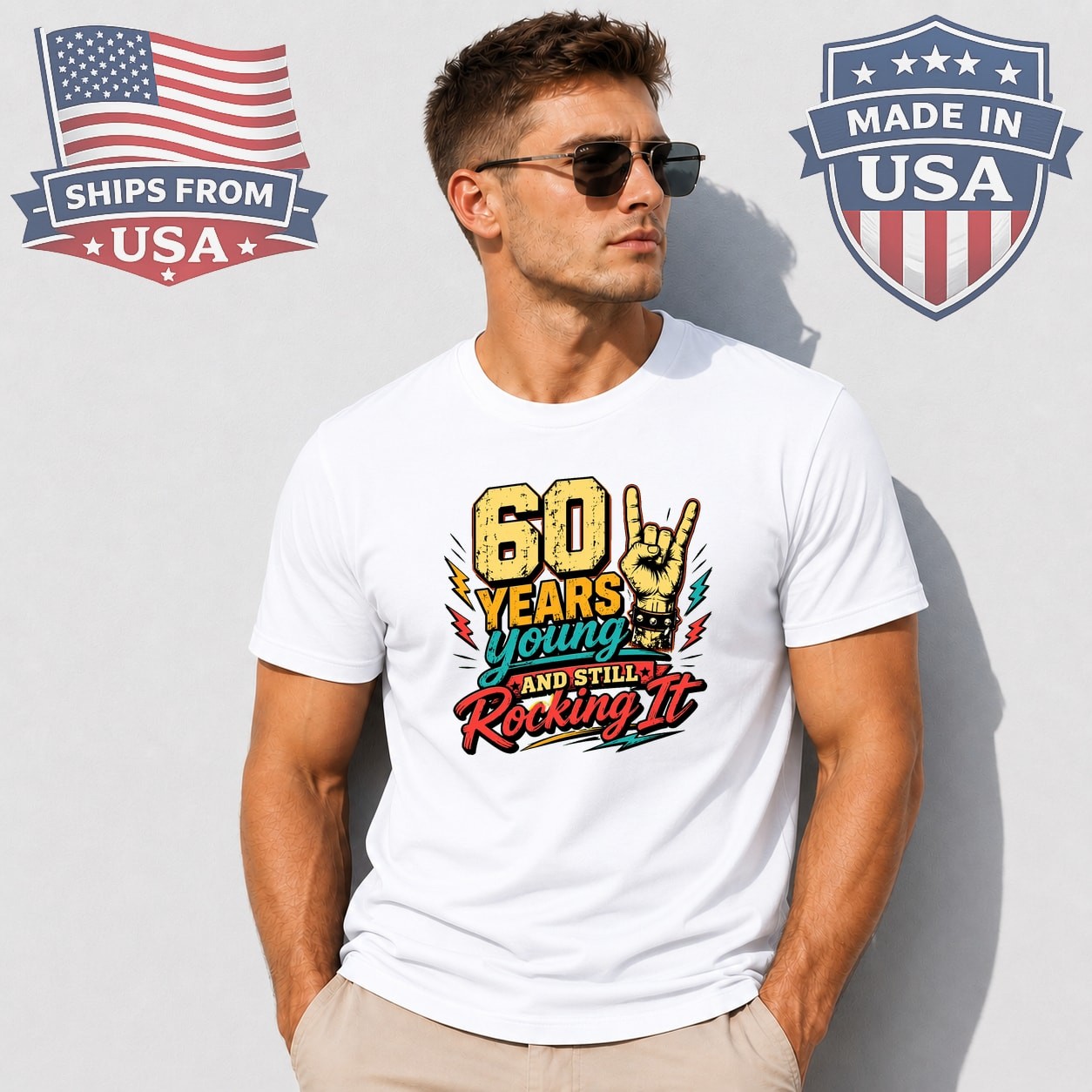 60th Birthday Rock N Roll Graphic T-Shirt Funny Music Party Gift