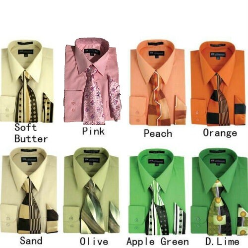 Men’s Dress Shirt + Matching Tie + Handkerchief Set Unique Colors Size 15~20 S21
