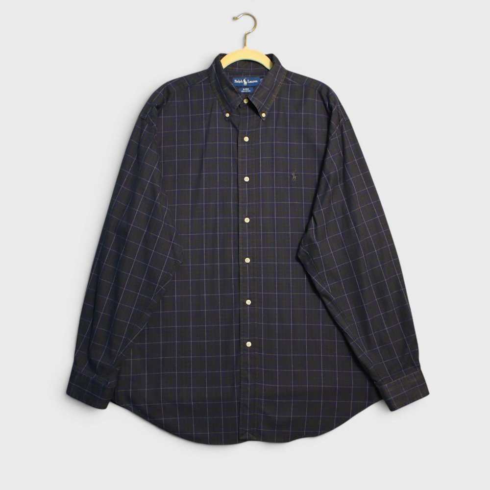 Ralph Lauren Button Down Shirt Large Black Watch Tartan Plaid Cotton Long Sleeve