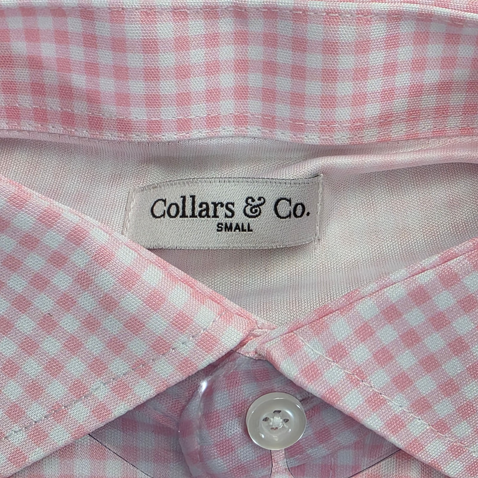 Collars and Co Men Dress Collar Stretch Long Sleeve Polo Shirt Sz S Pink Gingham