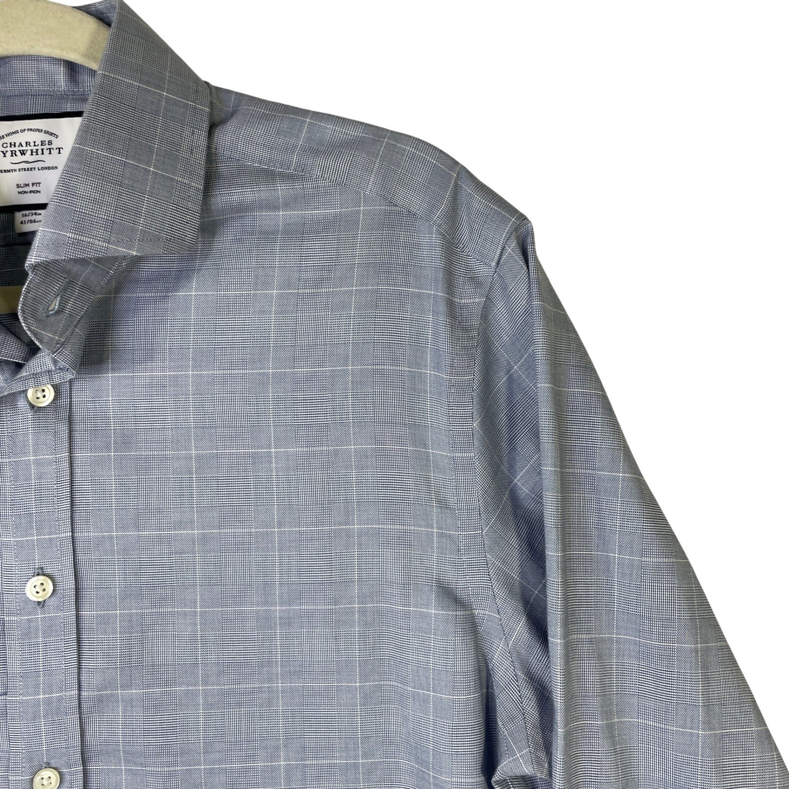 Charles Tyrwhitt Slim Fit Non-Iron Dress Shirt Blue Glen Plaid 16/34 41/86cm