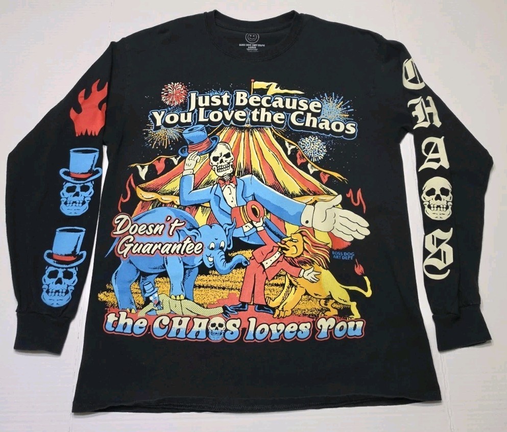Men’s Large L Crew Neck Tee T-Shirt Preowned Black Long Sleeve Boss Dog Art Dept